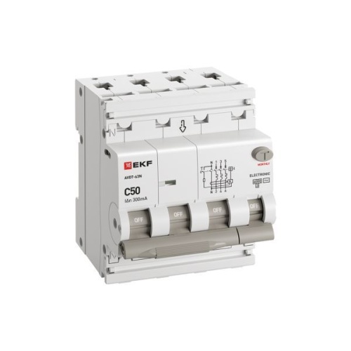 Автоматический выключатель дифференциального тока АВДТ-63N 3P+N 50А 300мА характеристика C тип AC электронный 6кА PROXIMA EKF | код D63N46E50C300 | EKF