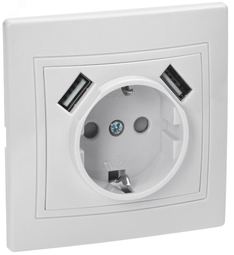КВАРТА Розетка с заземлением со шторками белая 16А USBх2 2,1А | код KV-R14-16-U2-K01 | IEK