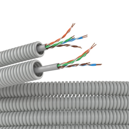 Электротруба ПВХ гибкая гофрированная д. 16 мм, цвет серый, с кабелем витая пара 5EU/UTP нг(А)-HF, 50 м | код 9EU91650 | DKC