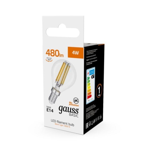 Лампа светодиодная филаментная Basic Filament 4Вт Шар 3000К E14 480лм GAUSS 50512142 фото 4