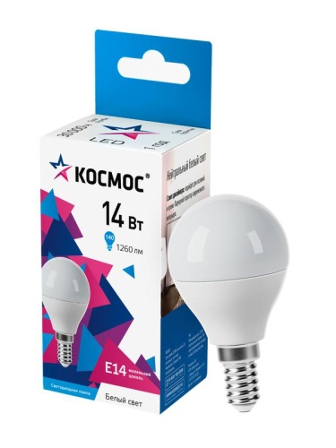 Лампа светодиодная 14Вт Шар 45 E14 4500К 174-265В КОСМОС LkecLED14wGL45E1445 Лампа светодиодная 14Вт Шар 45 E14 4500К 174-265В КОСМОС LkecLED14wGL45E1445