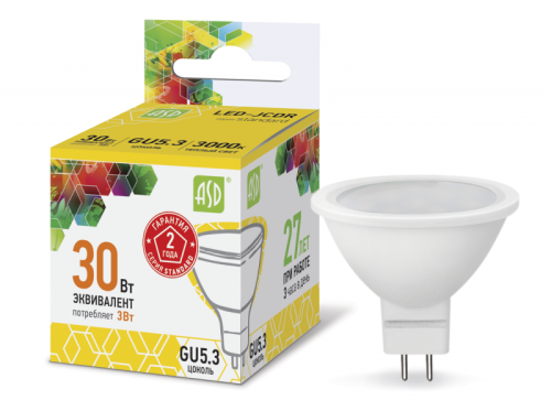 Лампа светодиодная LED-JCDR-standard 3Вт 230В GU5.3 3000К 270Лм ASD | код 4690612002248 | ASD