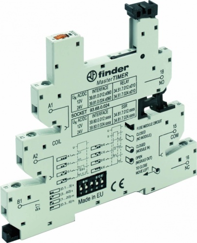 Розетка, серия MasterTimer с винтовыми клеммами (с зажимной клетью) для реле 34 серии, встроенный таймер мультифункциональный (AI, DI, GI, SW, BE, CE, DE, EE), регулировка времени 0.1с…6ч, питание 24В AC/DC, в комплекте пластиковая клипса, опции: LED Код