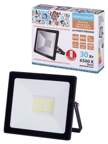 Прожектор светодиодный СДО-04-030Н-Ф (с фотореле) 30 Вт, 6500 К, IP65, черный, Народный | код SQ0336-0233 | TDM НАРОДНЫЙ