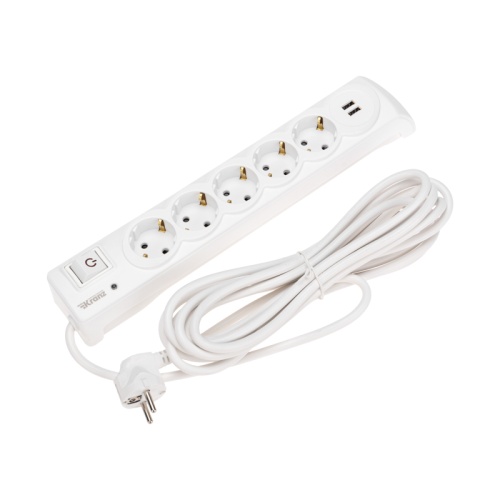 Фильтр сетевой 5 гнезд, 5м, 3х1,5мм?, с автовыкл, 2 USB, белый KRANZ | код 13-4701 | KRANZ