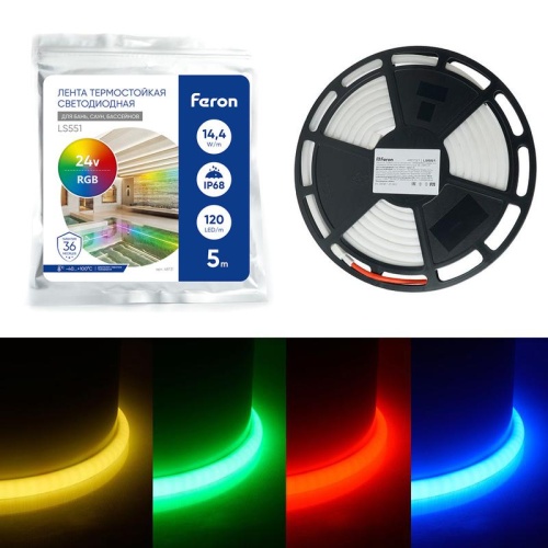 Лента светодиодная неоновая LEDх144/м 5м 14.4w/m 24в IP68 RGB | код 48731 | Feron