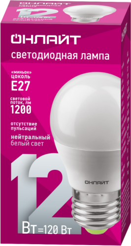 Лампа светодиодная 90 064 OLL-G45-12-230-4K-E27-FR 12Вт шар 4000К нейтр. бел. E27 1200лм 176-264В ОНЛАЙТ 90064