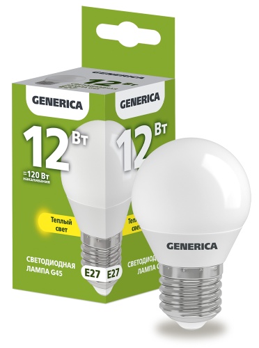 Лампа светодиодная G45 шар 12Вт 230В 3000К E27 GENERICA | код LL-G45-12-230-30-E27-G | IEK