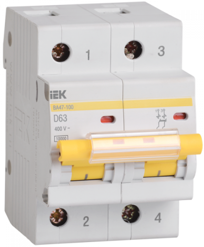 Выключатель автоматический двухполюсный ВА47-100 16А D 10кА | код. MVA40-2-016-D | IEK 