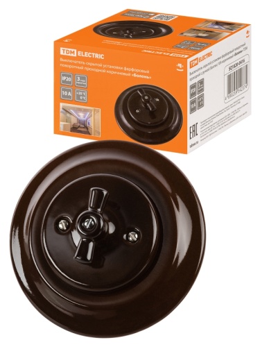 Выключатель скрытой установки фарфоровый поворотный проходной с ручкой (бантик) 10А коричневый «Боло | код SQ1820-0416 | TDM