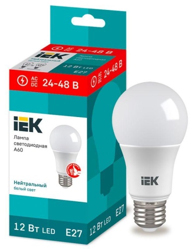 Лампа светодиодная A60 шар 12Вт 24-48В 4000К E27 (низковольтная) | код LLE-A60-12-24-48-40-E27 | IEK