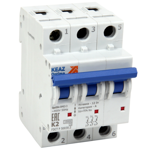 Автоматический выключатель модульный OptiDin BM63-3L25-10-УХЛ3 (ВМ63) (1шт.) КЭАЗ | код 262812 | КЭАЗ
