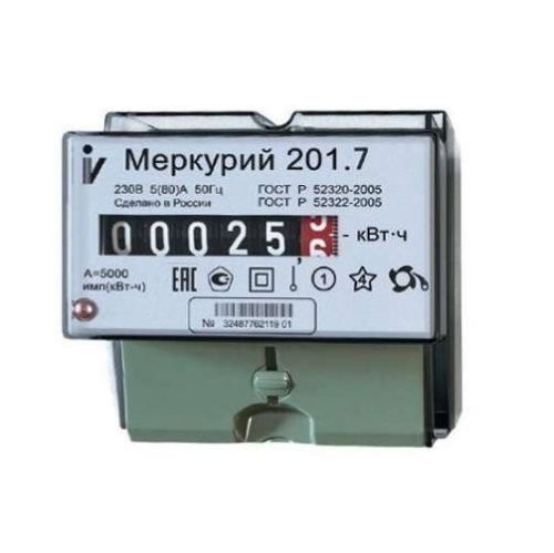 Счетчик "Меркурий" 201.7 1ф 5-60А 1 класс точн. 1 тариф. мех. табло DIN-рейка | Код. 32680 | Инкотекс