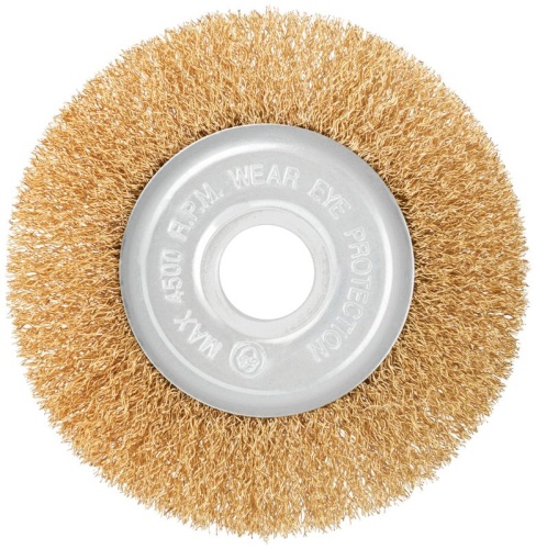 Корщетка-колесо, посадочный диаметр 22,2 мм, стальная латунированная волнистая проволока 125 мм, блистер | код 39076 | FIT