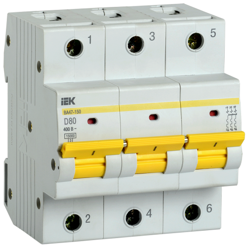 Выключатель автоматический ВА47-150 3Р 80А 15кА характеристика D | код MVA50-3-080-D | IEK