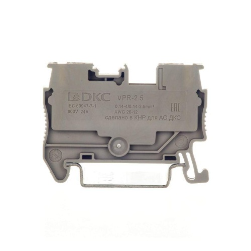 Клемма проходная , зажим push-in, 2 точки подключения, 2.5 кв.мм, серая | код VPR-2.5-GY | DKC