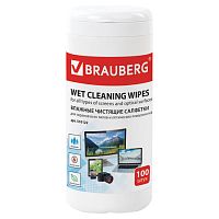 Чистящие салфетки BRAUBERG для экранов и оптических поверхностей, влажные, в тубе 100 шт., 510122 | код 510122 | BRAUBERG