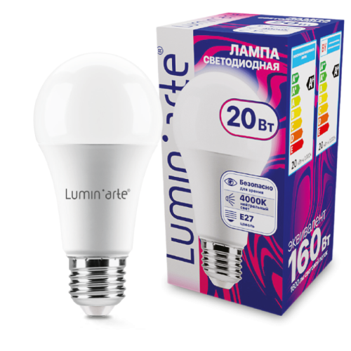 Лампа светодиодная Luminarte LSTD-A60-20W4KE27 Груша A60 20Вт 1600лм 4000К Е27 1/10/100 | код LSTD-A60-20W4KE27 | LuminArte