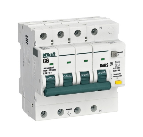 АВДТ 3P+N 6А 100мА AC х-ка C ДИФ-103 6кА | код 16408DEK | DEKraft