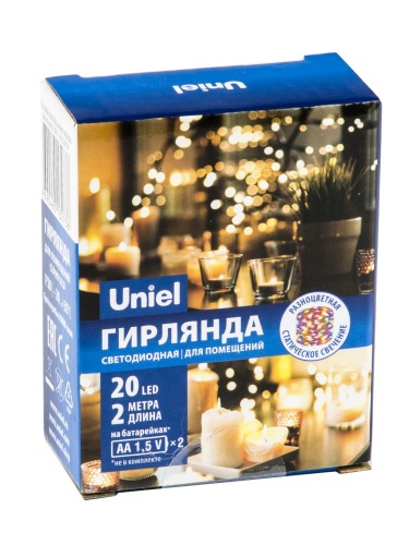 Гирлянда LED на батарейках ULD-S0200-020/DTB/3AA/RC RGB IP20 DEW 3AA (не в/к) "Роса" 2м 20 диодов RGB свет пульт ДУ (в/к) Uniel UL-00007247