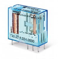 Миниатюрное универсальное электромеханическое реле, монтаж на печатную плату или в розетку, выводы с шагом 5мм, 2CO 10A, контакты AgNi, катушка 24В DC, степень защиты RTII | код 406290240000PAC | FINDER