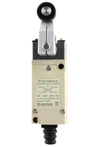 Выключатель путевой ВП 25-2118М-65 У2, рычаг с пластиковым роликом, 1з+1р, безинерционный, 21х56 мм, 3А, IP65 (ЭТ) | код ET003891 | Электротехник
