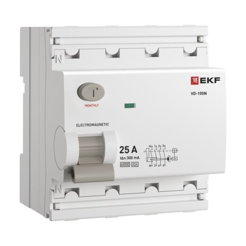 Выключатель дифференциального тока ВД-100N 4P 25А 300мА A эл-мех 6кА PROXIMA EKF | код E1046MA25300 | EKF