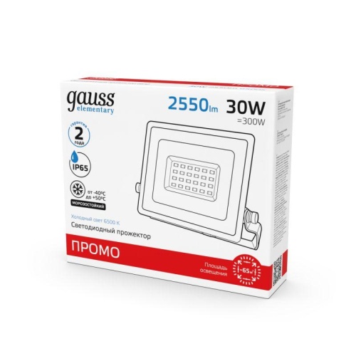 Прожектор светодиодный Elementary 30Вт IP65 6500К 2550лм PROMO G3 черн. GAUSS 613100330P фото 3 Прожектор светодиодный Elementary 30Вт IP65 6500К 2550лм PROMO G3 черн. GAUSS 613100330P фото 3