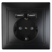 Розетка Intro Plano 1-410-05 с заземлением 2P+E Schuko со шторками, 16А-250В + 2хUSB 5В-2,1А, IP20, СУ, антрацит | код Б0053946 | ЭРА