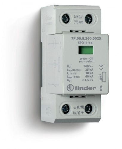 Устройство защиты от импульсных перенапряжений УЗИП тип 1+2 (1 варистор/искровый разрядник), модульный, ширина 36мм, степень защиты IP20 | код 7P0182601025 | FINDER Устройство защиты от импульсных перенапряжений УЗИП тип 1+2 (1 варистор/искровый разрядник), модульный, ширина 36мм, степень защиты IP20 | код 7P0182601025 | FINDER