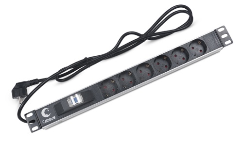 Cabeus PDU-6P-B-2EU Блок евророзеток для 19 шкафов, горизонтальный, 6 розеток, автоматический выключатель 16 A , шнур 2м, алюминиевый корпус, немецкий стандарт | код 7292c | Cabeus