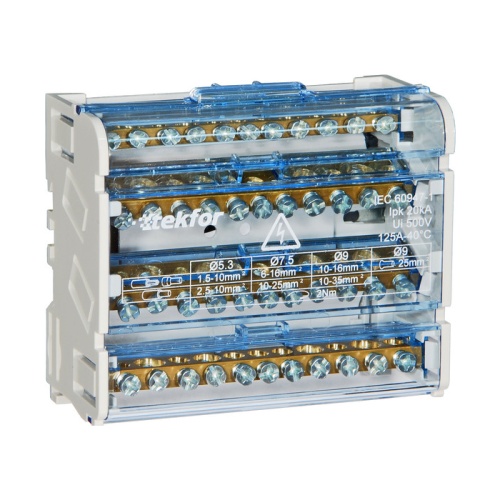 Шина нулевая в корпусе на DIN-рейку SNK-2-4-11-Ni, никелированная, в корпусе 4 шины по 11отв., крепление на DIN-рейку | код A8300-06-09-011 | РЕЛЕ И АВТОМАТИКА