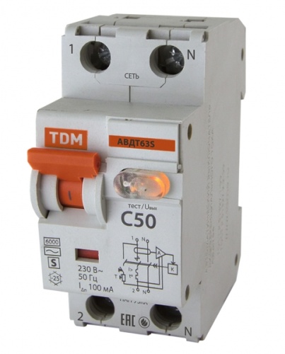 Выключатель автоматический дифференциальный АВДТ 63S 1п+N 63А C 100мА тип AC | код. SQ0202-0042 | TDM 