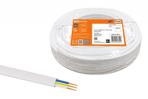 Провод ПГВВП 3х1.5 ГОСТ (бухта 20м) белый | код SQ0127-0406 | РЭМЗ ТМ