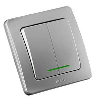 Выключатель двухклавишный скрытый с индикацией серебро 10А | код ВС10-352-06 | HEGEL