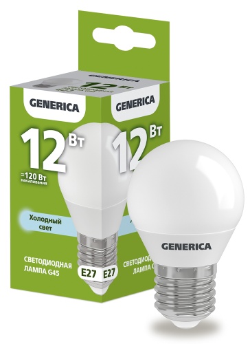 Лампа светодиодная G45 шар 12Вт 230В 6500К E27 GENERICA | код LL-G45-12-230-65-E27-G | IEK