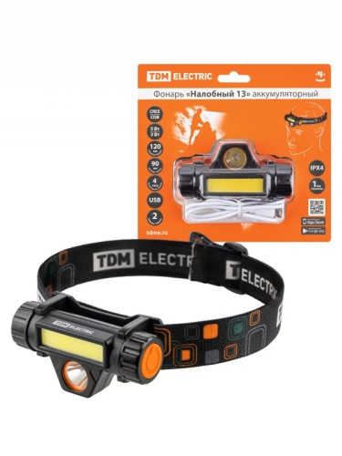 Фонарь «Налобный 13» аккум., 5 Вт CREE+3 Вт COB, Li-Ion 3,7 В 18650 1,2 А*ч, 120 лм, USB, TDM | код SQ0350-0070 | TDM