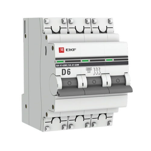 Автоматический выключатель 3P 6А (D) 6кА ВА 47-63M без теплового расцепителя PROxima | код mcb4763m-6-3-6D-pro | EKF