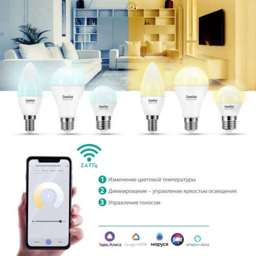 Лампа светодиодная эл. Smart Home LSH7/G45/RGBСW/Е27/WIFI 7Вт Е27 RGB+DIM+CW 220В WiFi Camelion 14501 фото 4 Лампа светодиодная эл. Smart Home LSH7/G45/RGBСW/Е27/WIFI 7Вт Е27 RGB+DIM+CW 220В WiFi Camelion 14501 фото 4
