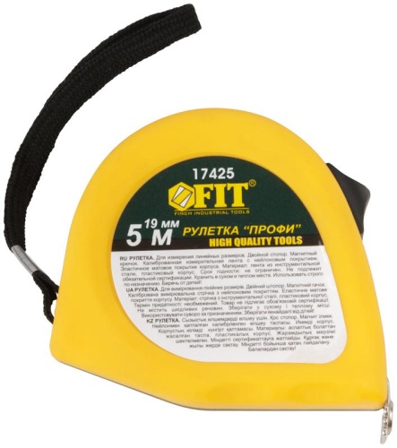 Рулетка Профи, калибр.лента, нейлон.покр., магн.крючок, эласт.корпус черн-желт., двойн.стопор 5 м х 19 мм | код 17425 | FIT фото 2