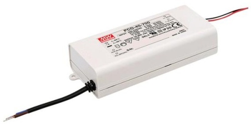 Источник питания AC-DC, 40Вт, ККМ, стабилизация тока, вход 180…295В AC, 47…63Гц, выход 1.05A/22…38В, изоляция 3750В AC, в кожухе 128х60х31.5мм, -30…+50С, возможность подключения диммера на входе | код PCD-40-1050B | MeanWell