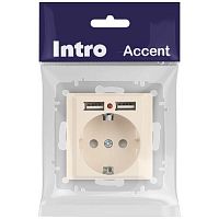 Розетка Intro Accent 6-410-02 , P+E Schuko со шторками, 16А-250В + 2хUSB, IP20, СУ, слоновая кость | код Б0063692 | ЭРА