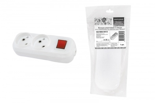 Колодка розеточная 2 гнезда 2П+3 c выключателем 16А 250В белая серии Народная | код SQ1806-0415 | TDM НАРОДНЫЙ