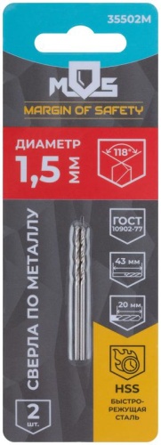 Сверла по металлу HSS в блистере, угол заточки 118°, 1,5 x 43 мм (2 шт.) | код 35502М | FIT фото 3 Сверла по металлу HSS в блистере, угол заточки 118°, 1,5 x 43 мм (2 шт.) | код 35502М | FIT фото 3