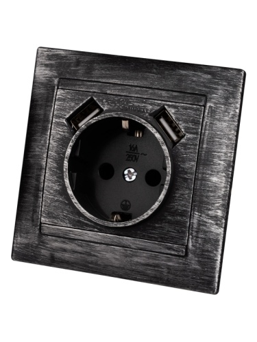 Розетка 2П+З 16А 250В + 2 USB порта 2,1А 5В старинное серебро Лама TDM | код SQ1815-0669 | TDM