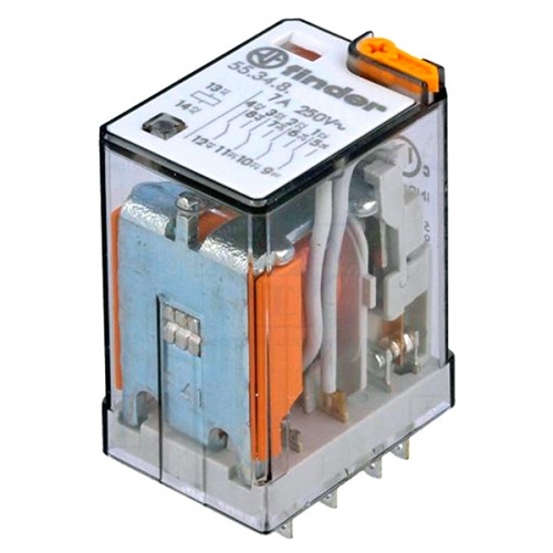 Реле электромеханическое универсальное миниатюрное, монтаж в розетку, 4CO 7A, контакты AgNi, катушка 230В АC, степень защиты RTI, опции: кнопка тест + LED | код 55.34.8.230.0050 | FINDER