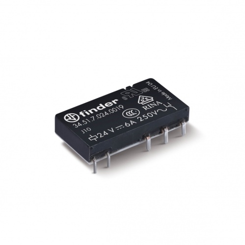 Ультратонкое электромеханическое реле, монтаж на печатную плату, 1NO 6A, контакты AgSnO2, катушка 5В DC (чувствит.), плоский корпус, степень защиты RTI | код 345170054319 | FINDER