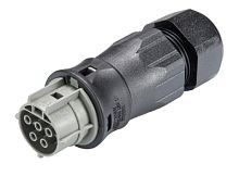Розеточный разъем на кабель диам. 13-18 мм, IP68(69k), 5 полюсов, винтовая фиксация провода, номинальные характеристики: 250/400V+РЕ, 25A, цвет контактной вставки: серый, цвет корпуса: черный, серия RST Classic | код 96.051.4554.3 | Wieland