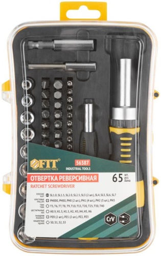 Отвертки реверсивная и для точных работ, набор 65 шт., пластиковый прорезиненный кейс | код 56387 | FIT фото 3