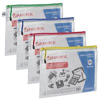 Папка-конверт на молнии А4 (335х243 мм), молния ассорти, ПВХ, сетка, прозрачная, 0,2 мм, BRAUBERG Segment, 223886 | код 223886 | BRAUBERG